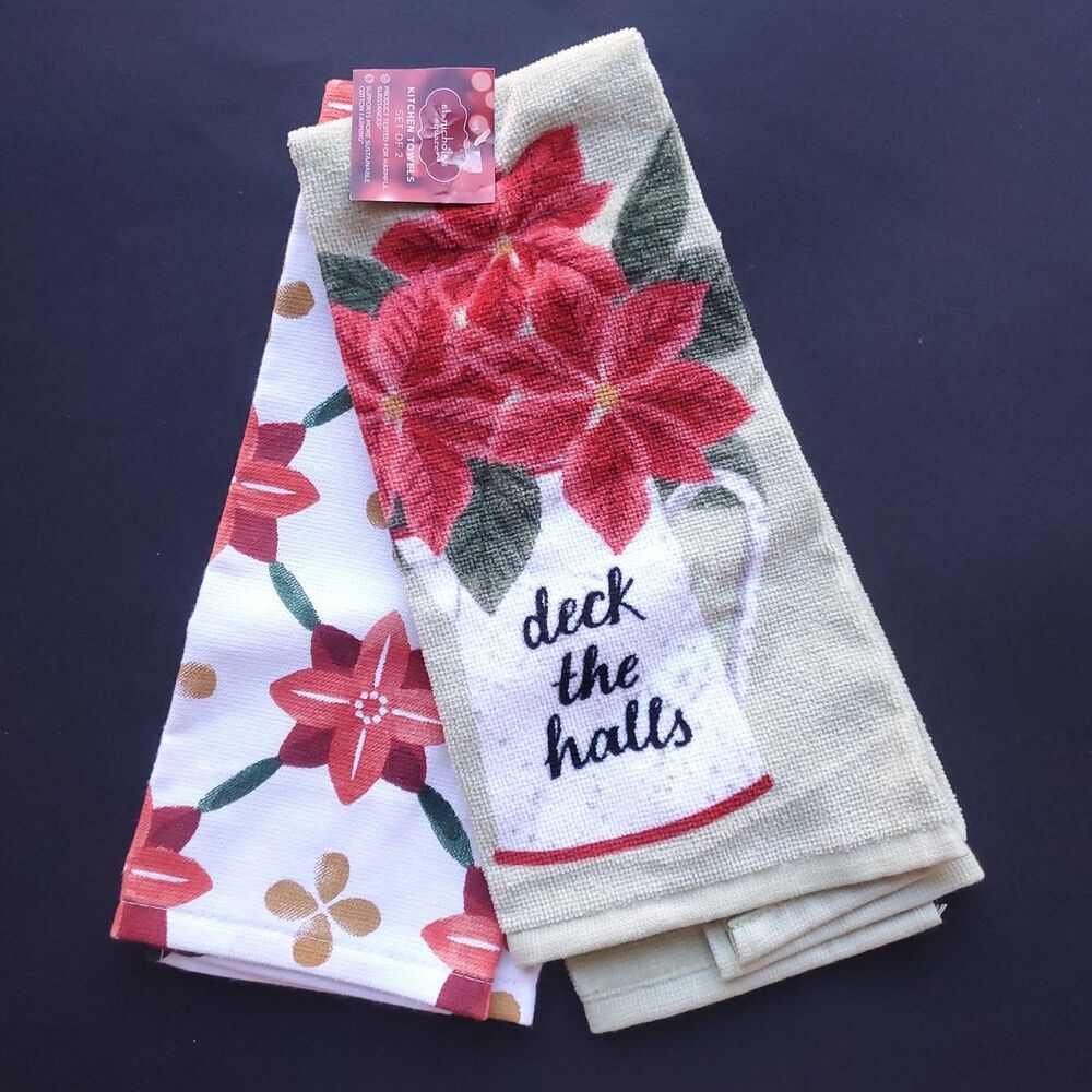 St Nicholas Square Christmas Kitchen Hand Towel Set 2 Deck the Halls Poinsettia - Picture 1 of 6